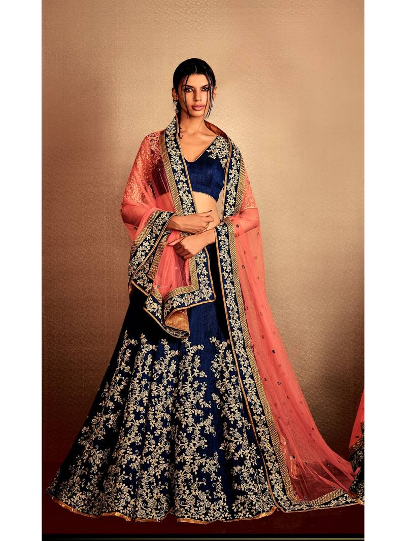 Dark-Blue Embroidered Silk Semi Stitched Lehenga