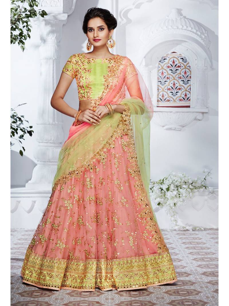 Peach Embroidered Net Semi Stitched Lehenga