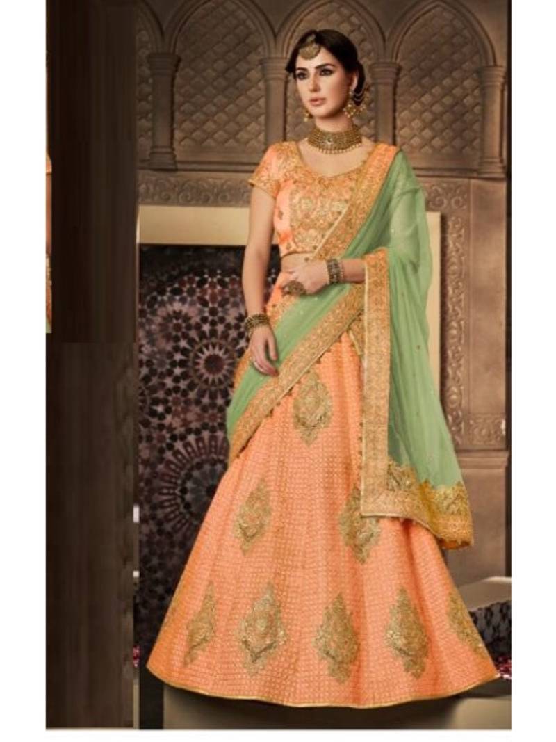 Peach Embroidered Silk Semi Stitched Lehenga