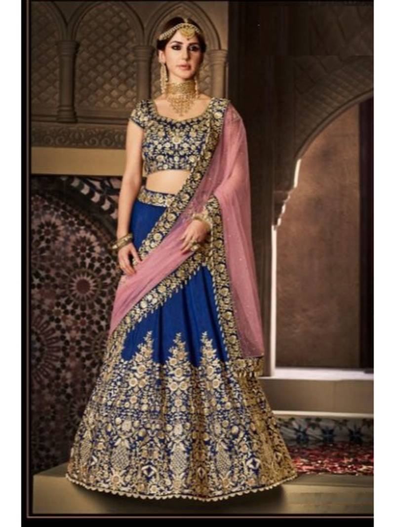 Dark-Green Embroidered Silk Semi Stitched Lehenga