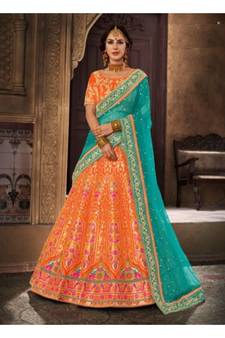 Orange Embroidered Brocade Semi Stitched Lehenga
