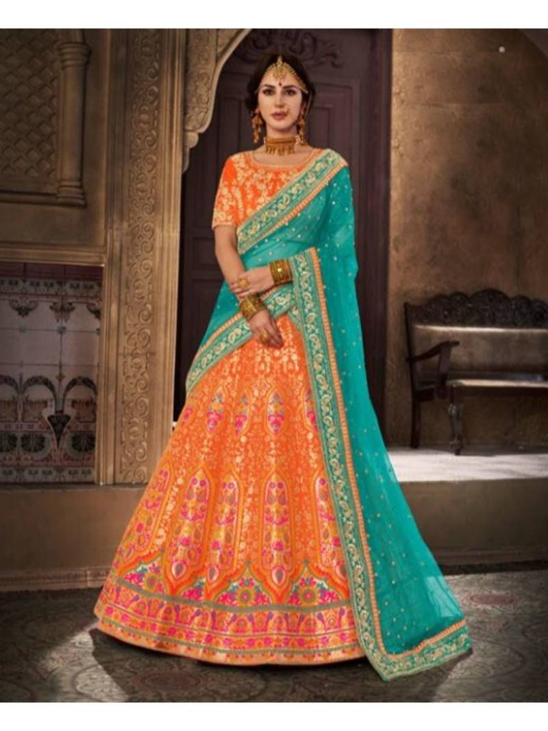 Orange Embroidered Brocade Semi Stitched Lehenga