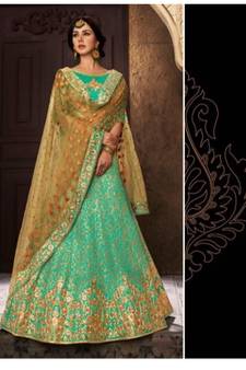 Green Embroidered Silk Semi Stitched Lehenga