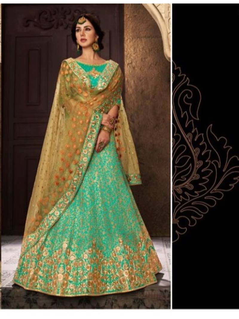 Green Embroidered Silk Semi Stitched Lehenga