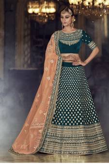 Dark-Green Embroidered Velvet Semi Stitched Lehenga