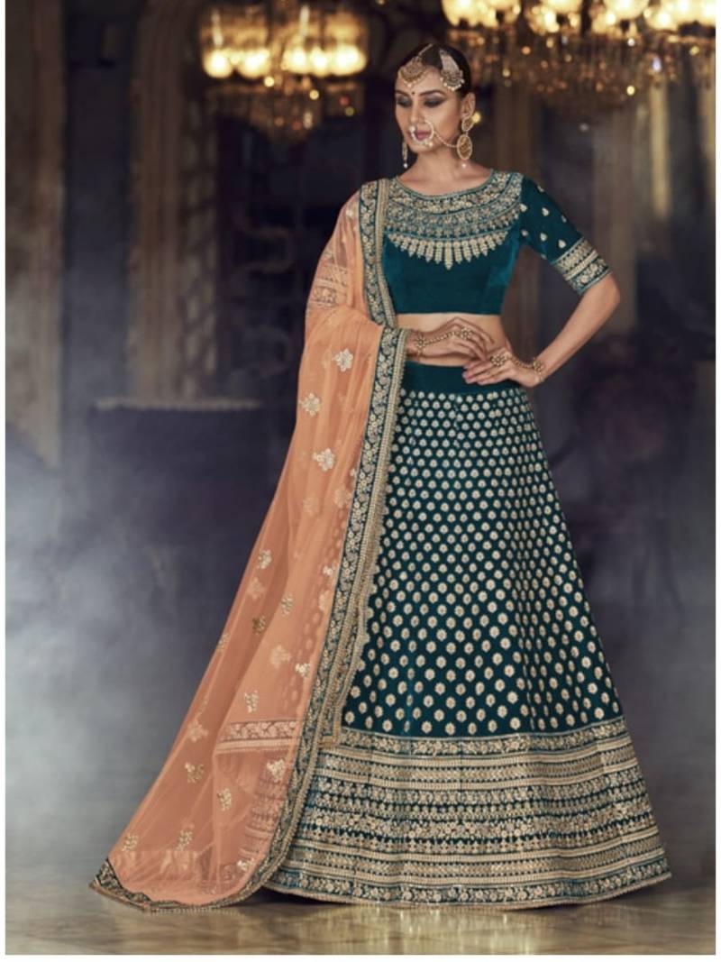 Dark-Green Embroidered Velvet Semi Stitched Lehenga