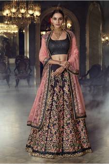 Dark-Blue Embroidered Silk Semi Stitched Lehenga