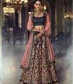 Dark-Blue Embroidered Silk Semi Stitched Lehenga