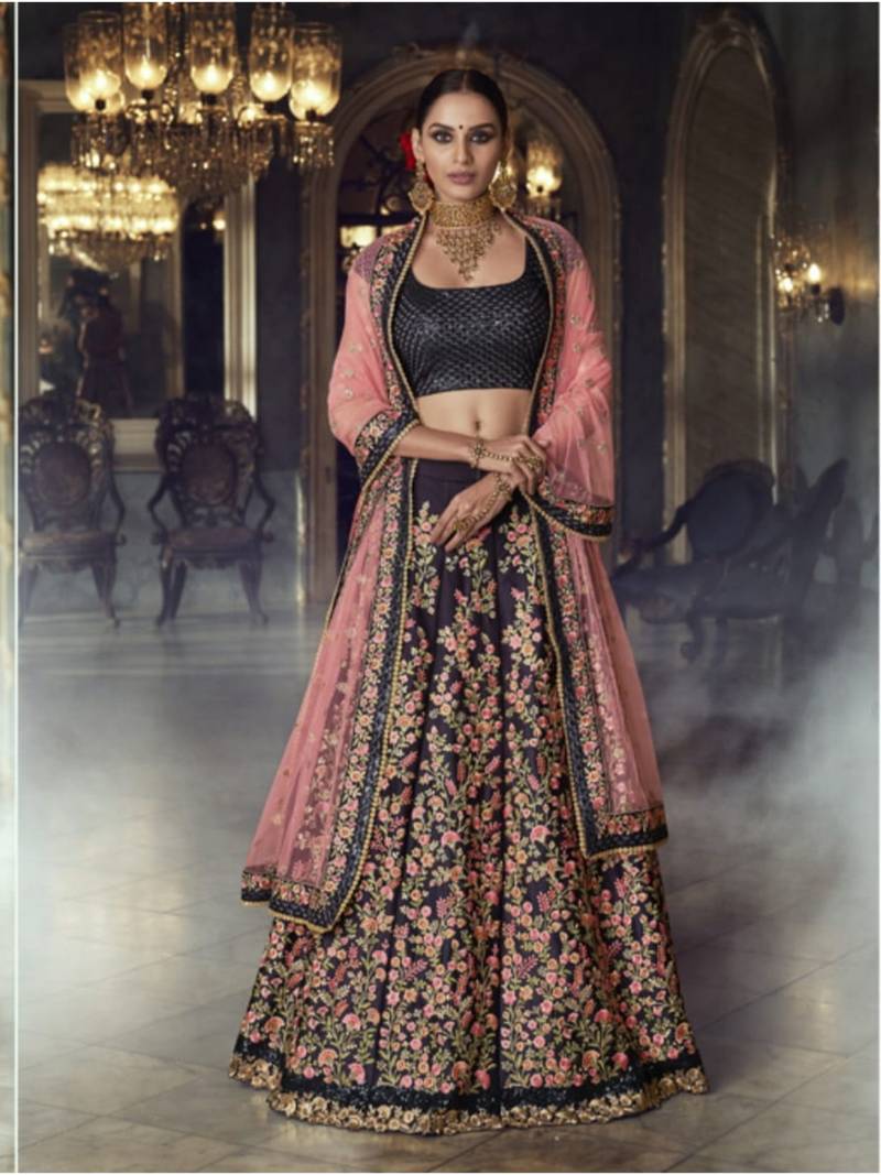 Dark-Blue Embroidered Silk Semi Stitched Lehenga