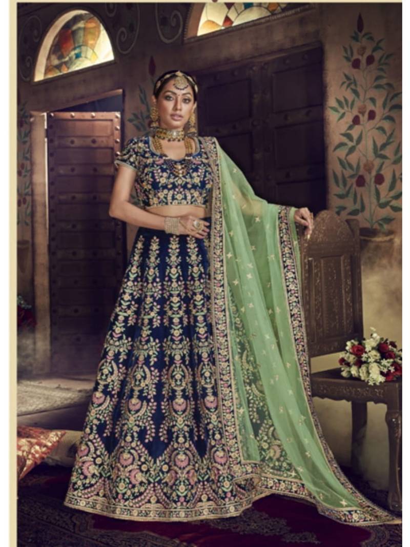 Dark-Blue Embroidered Velvet Semi Stitched Lehenga