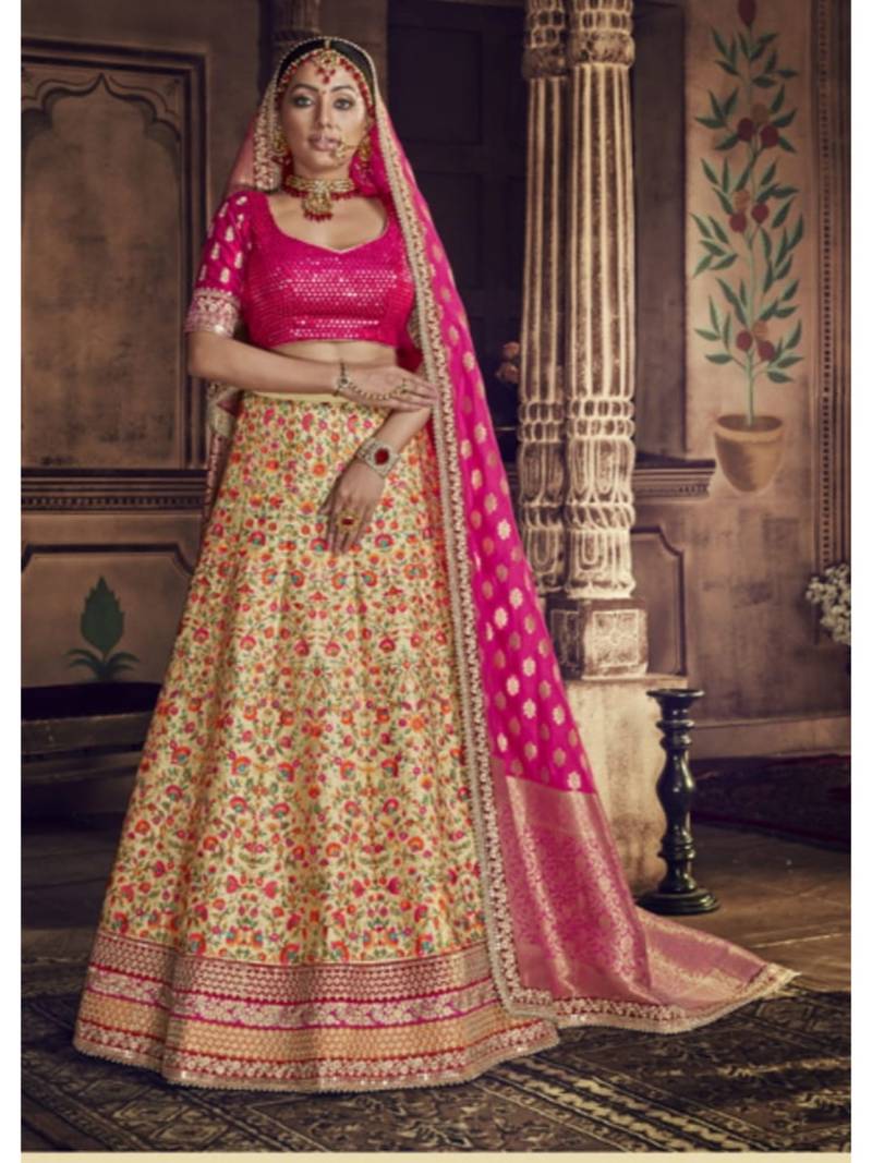 Beige Embroidered Silk Semi Stitched Lehenga