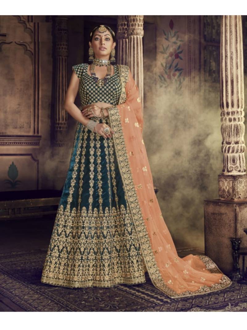 Dark-Green Embroidered Velvet Semi Stitched Lehenga