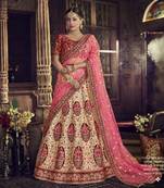 Beige Embroidered Silk Semi Stitched Lehenga
