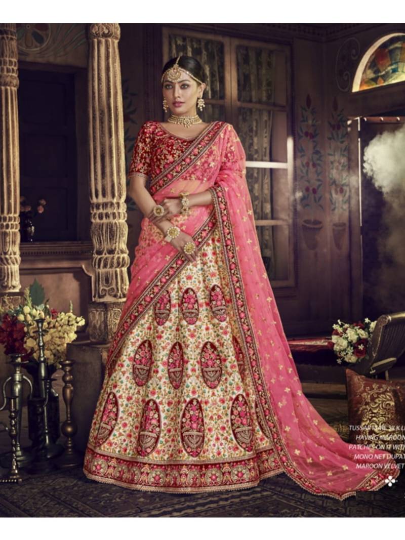 Beige Embroidered Silk Semi Stitched Lehenga