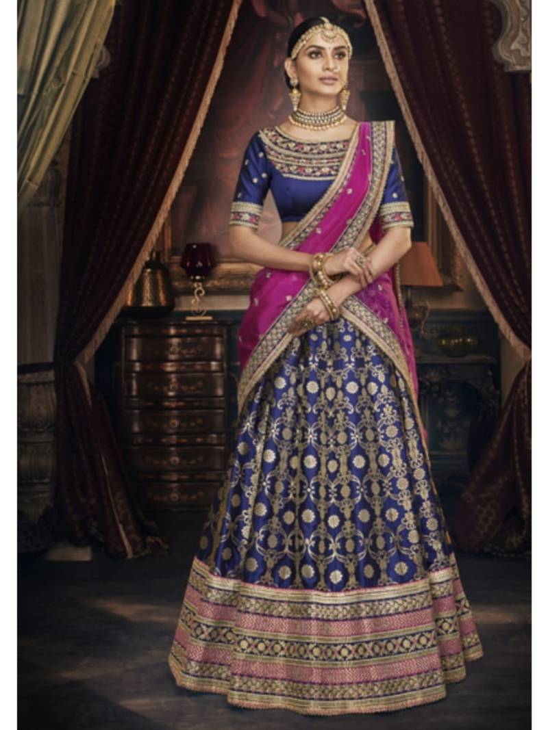 Dark-Blue Embroidered Jacquard Semi Stitched Lehenga
