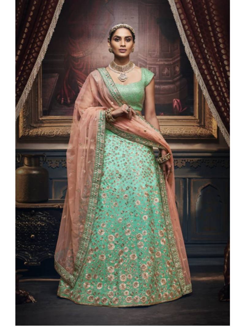 Green Embroidered Silk Semi Stitched Lehenga