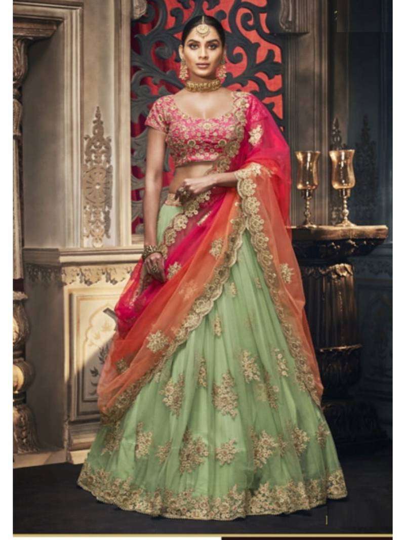 Green Embroidered Net Semi Stitched Lehenga