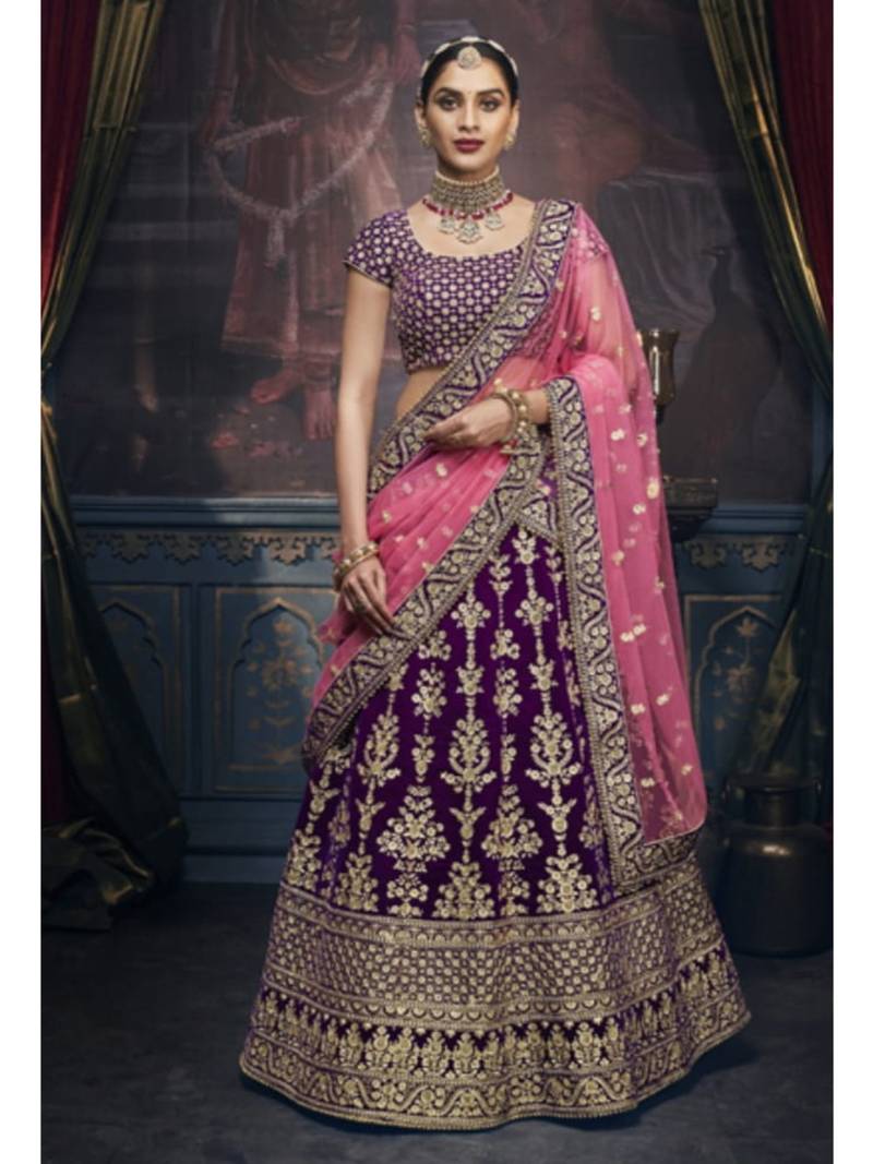 Purple Embroidered Velvet Semi Stitched Lehenga