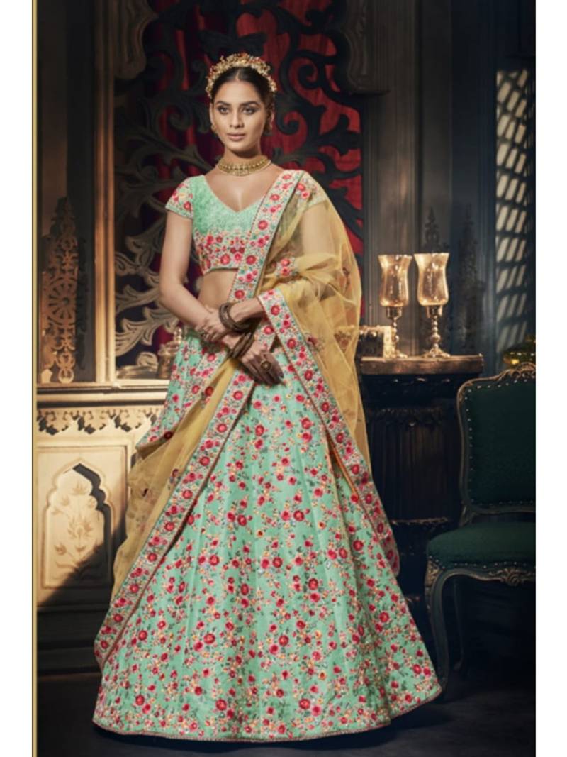Sky Blue Embroidered Silk Semi Stitched Lehenga