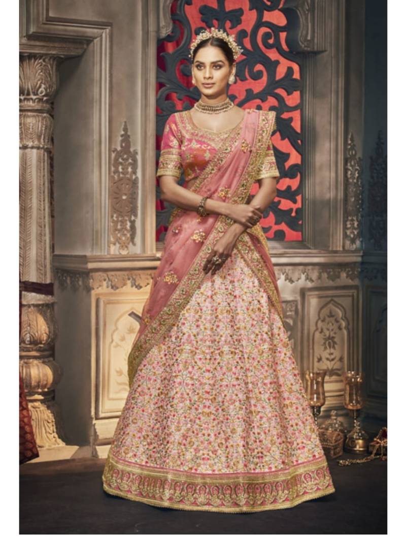 Peach Embroidered Silk Semi Stitched Lehenga