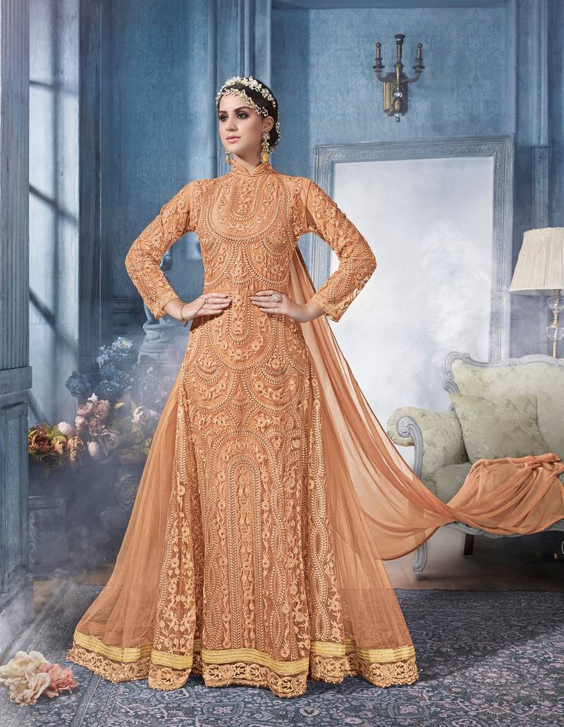 Orange Embroidered Net Salwar