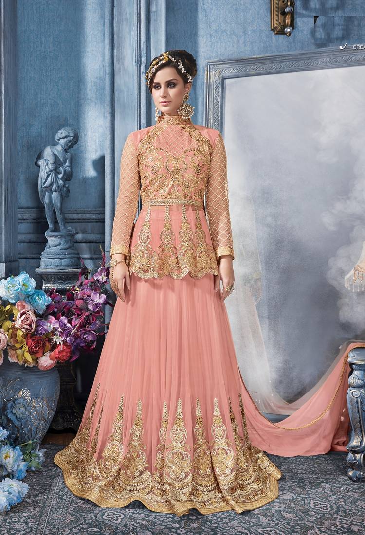 Peach Embroidered Net Salwar