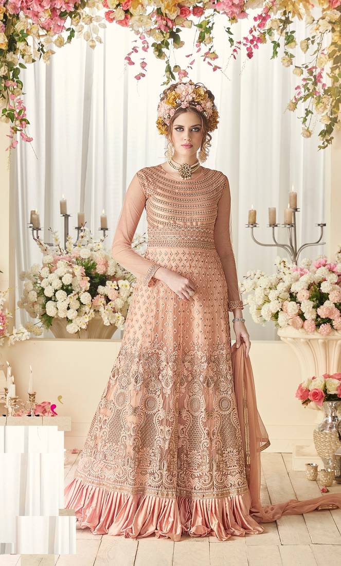 Peach Embroidered Net Salwar