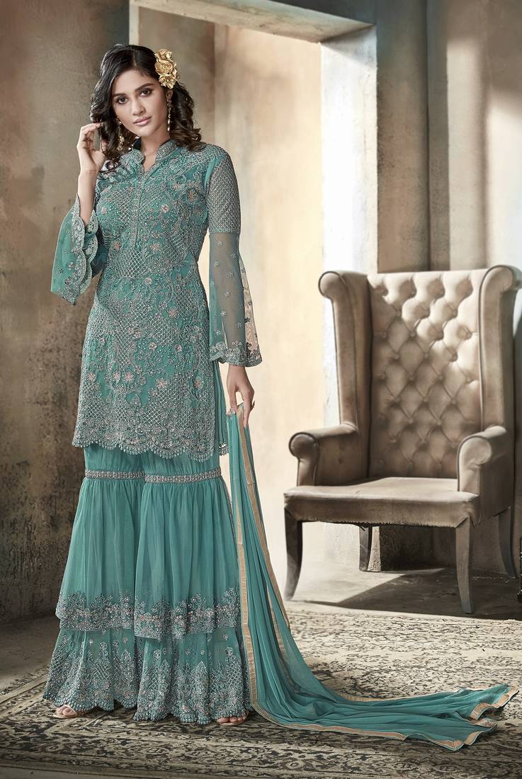 Turquoise Embroidered Net Salwar