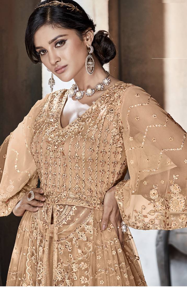 Beige Embroidered Net Salwar