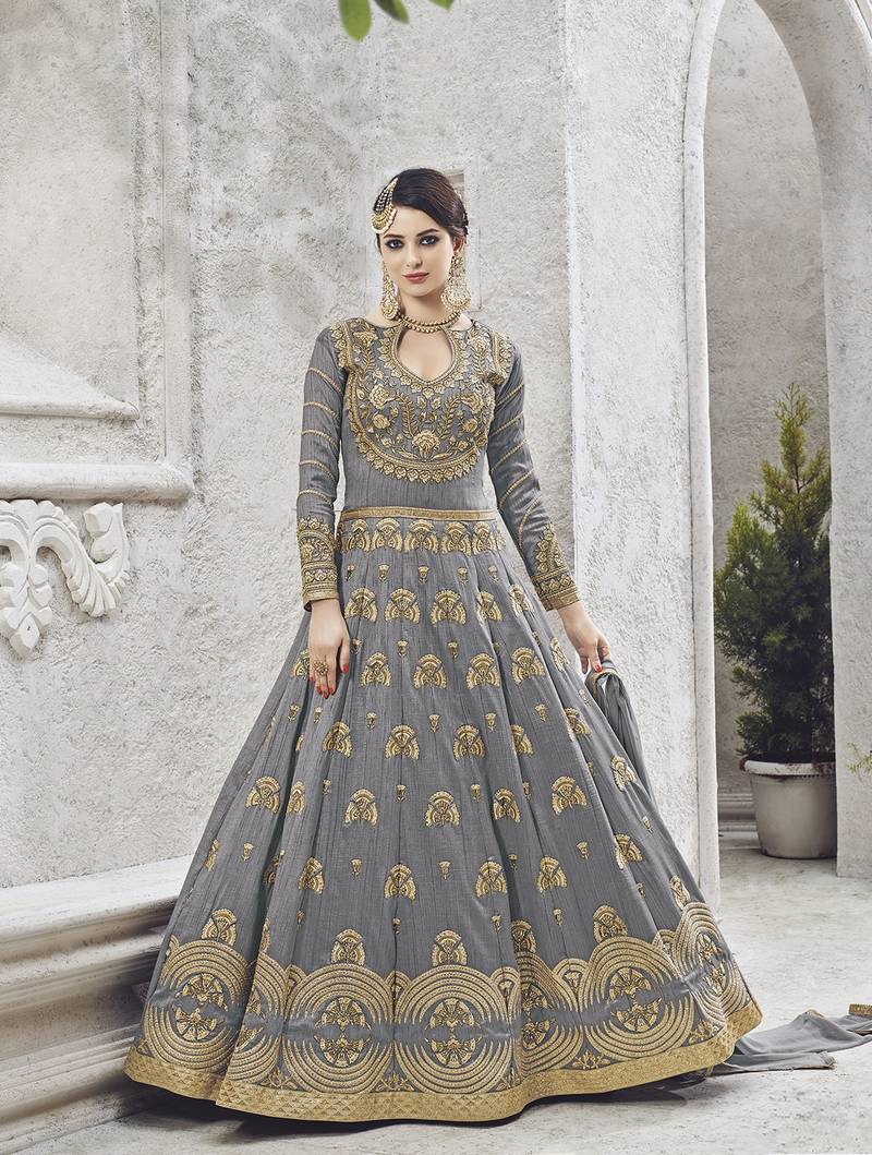 Grey Embroidered Silk Salwar