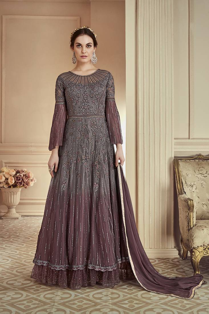 Grey Embroidered Net Salwar
