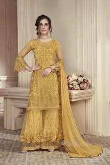 Yellow Embroidered Net Salwar