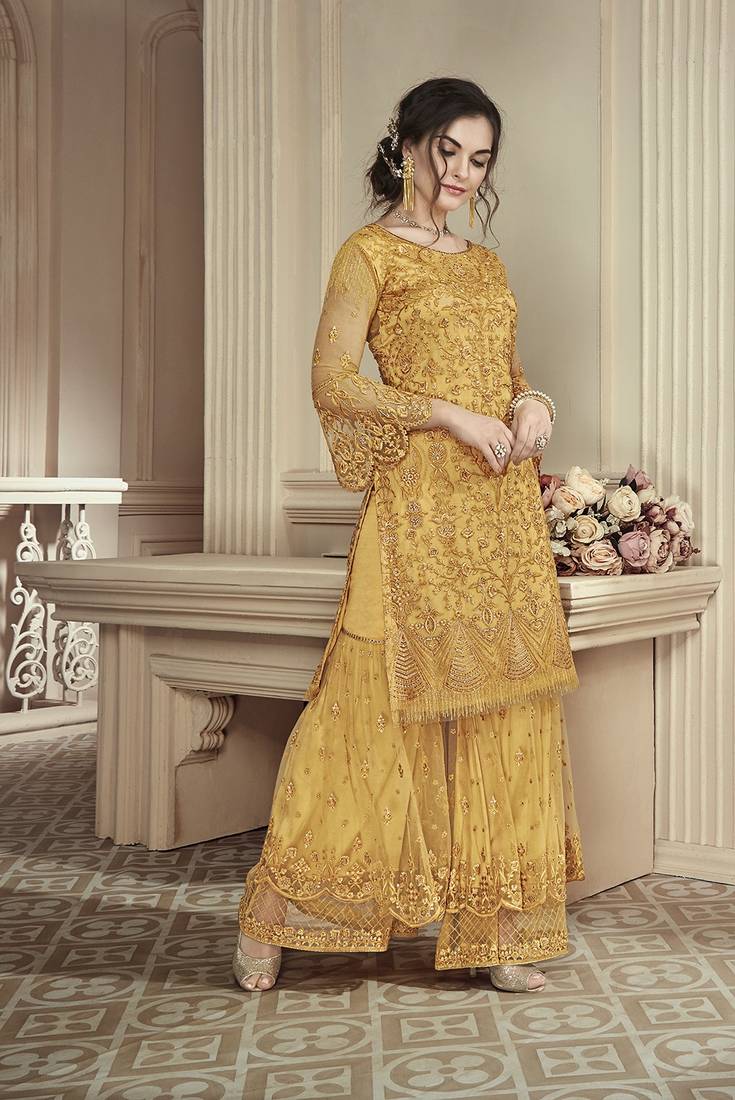 Yellow Embroidered Net Salwar