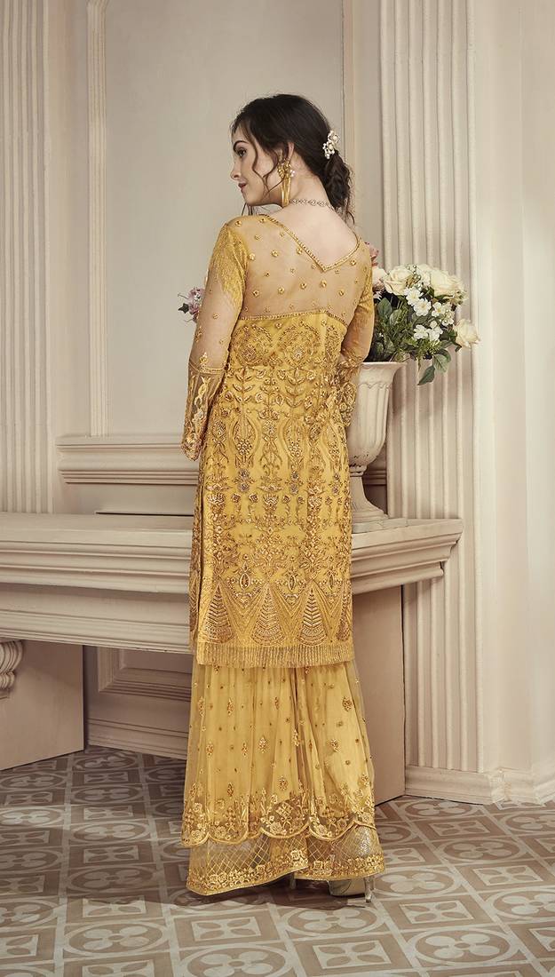 Yellow Embroidered Net Salwar