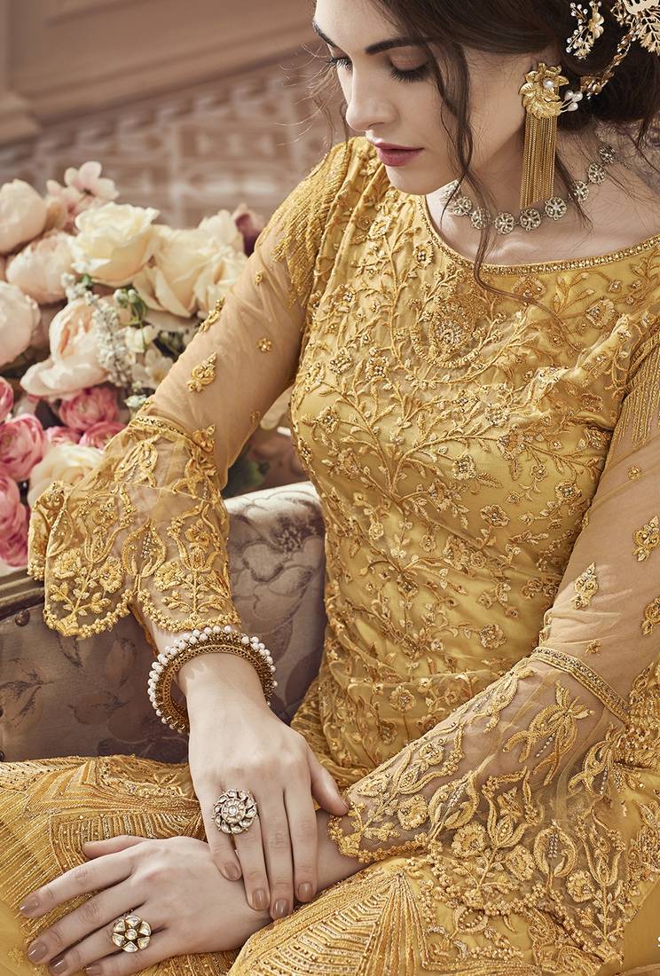 Yellow Embroidered Net Salwar
