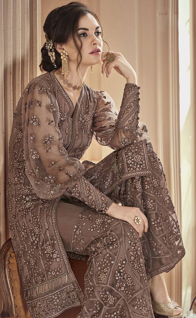 Brown Embroidered Net Salwar
