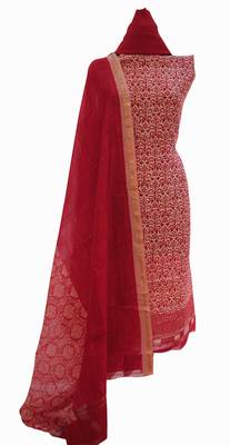 Designer Crimson Red Maheshwari Printed Suit Fabric 1