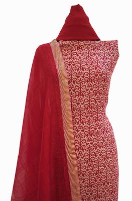 Designer Crimson Red Maheshwari Printed Suit Fabric 4