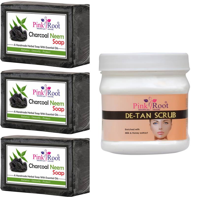 Pack Of 3 Charcoal Soap With 500gm De Tan Scrub By Pink Root