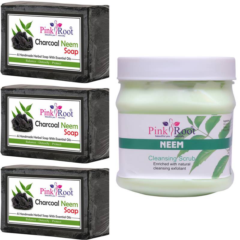 Pack Of 3 Charcoal Soap With 500gm Neem Scrub By Pink Root PINK ROOT