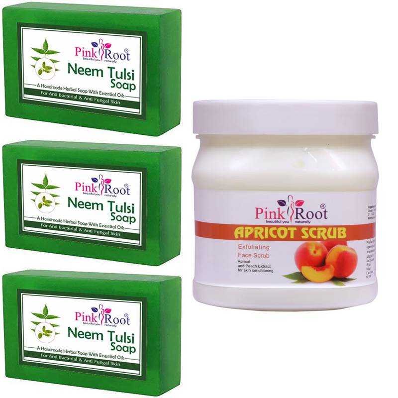 Pack Of 3 Neem Tulsi Soap With 500gm Apricot Scrub By Pink Root
