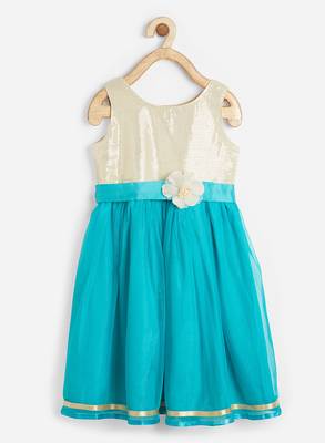 Turquoise printed satin kids-frocks 1