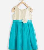 Turquoise printed satin kids-frocks