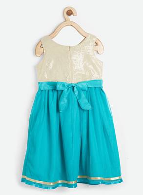 Turquoise printed satin kids-frocks 2