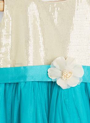 Turquoise printed satin kids-frocks 3