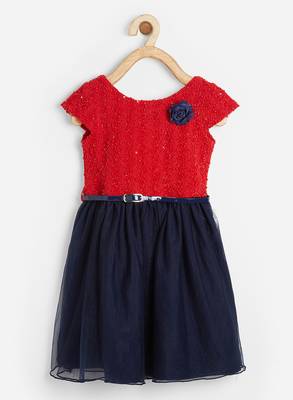 Red plain velvet kids-frocks 1