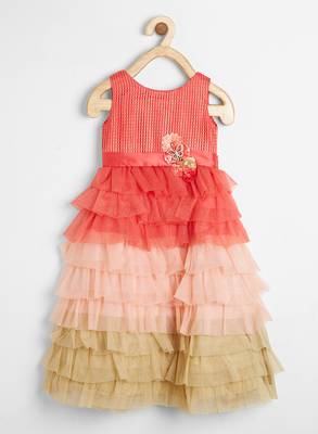 Red printed satin kids-frocks 1