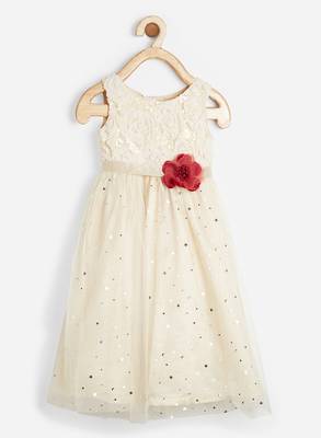 Beige embroidered satin kids-frocks 1