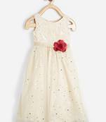 Beige embroidered satin kids-frocks