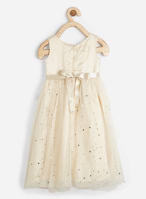 Beige embroidered satin kids-frocks 2